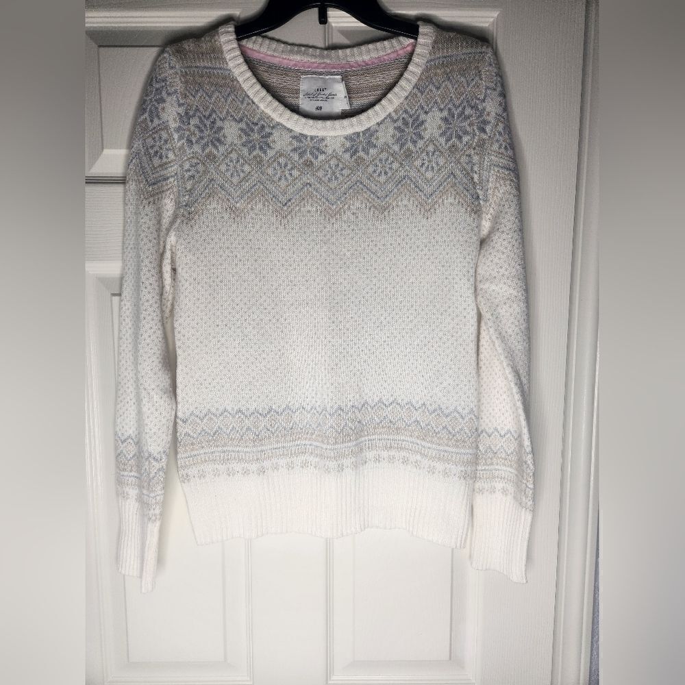 H&M Logg L White Cream Grey Fair Isle Angora Blend Women’s Sweater